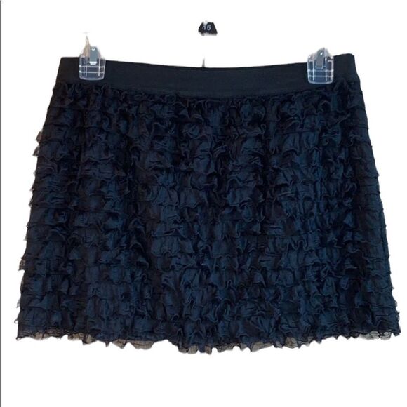 Forever 21 Solid Black Ruffle layered stretchy spandex mini Skirt fringe Size L - Picture 8 of 8